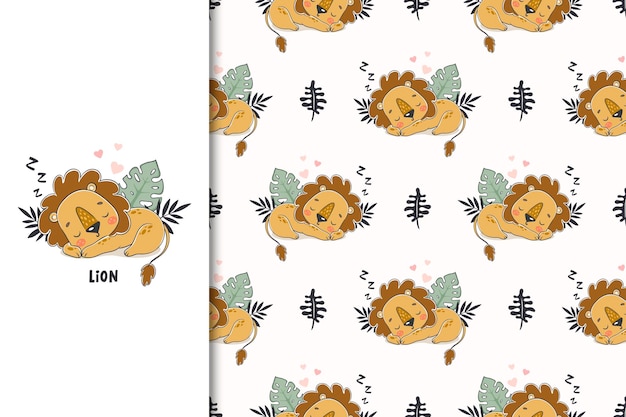 Lion sleep card and seamless pattern