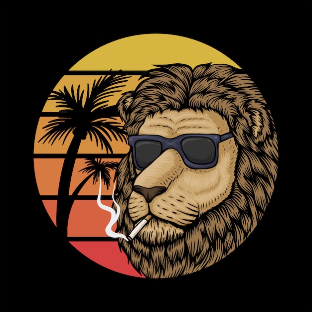 Lion sunset retro illustration