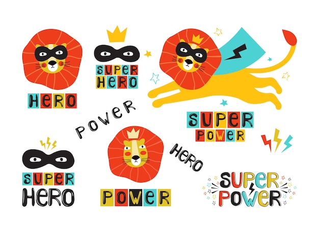 Lion super hero in a black mask and cape and lettering, sticker set