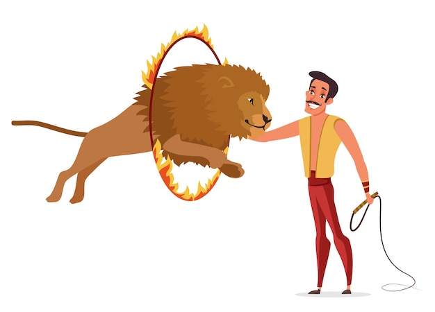 Вектор Укротитель львов цветные рисунки. счастливый человек в карнавальном наряде, держащем мультипликационный персонаж кнутом. хэндлер выполняет опасный трюк. лев прыгает через огненное кольцо. цирковое представление