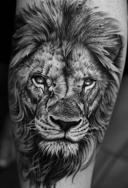 lion tattoo black and white in the style of realistic portrait drawings high resolution