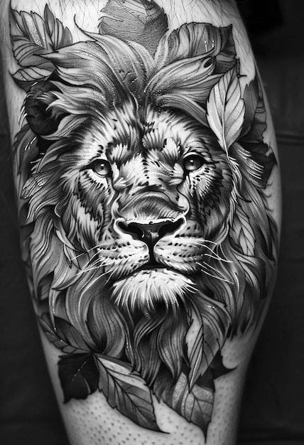 татуировка льва черно-белой в стиле реалистичных портретных рисунков высокого разрешения
