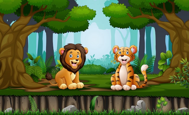 Lion and tiger sitting in the middle of forest