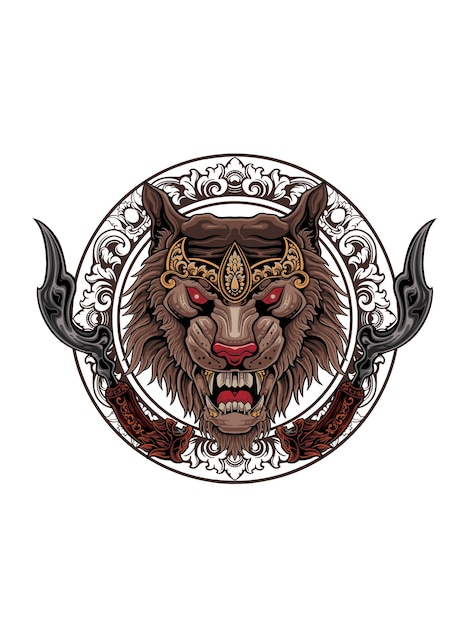 Векторный дизайн льва с традиционным оружием тесака, редактируемый цвет