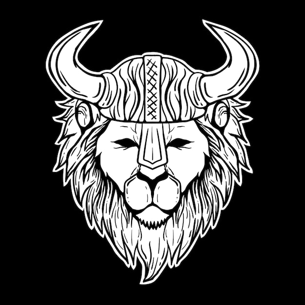 Лев викинг черно-белый принт иллюстрации на футболках, куртке, сувенирах или тату бесплатно векторы