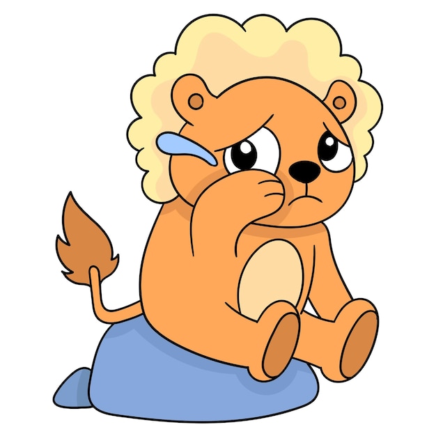 The lion was sitting with thick hair, sad face crying. cartoon emoticon. doodle icon drawing, vector illustration