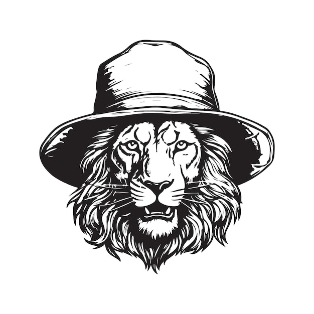 Illustrazione disegnata a mano di colore bianco e nero di concetto di arte di linea di logo dell'annata del cappello del secchio da portare del leone