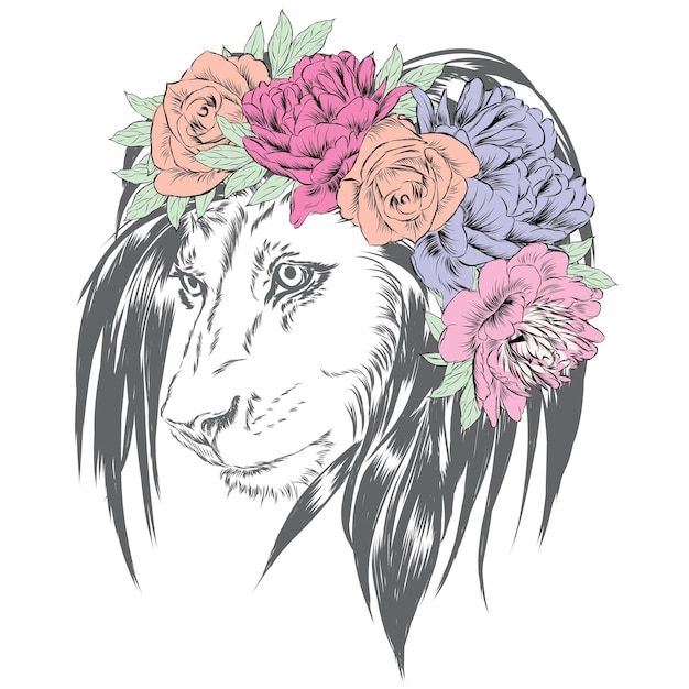 Lion wearing a crown of flowers Vector illustration