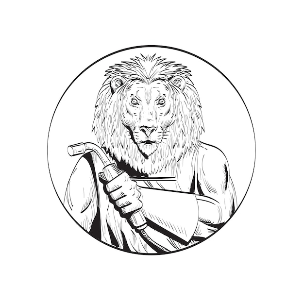Vector lion welder met lastoorts cirkel lijntekening zwart-wit