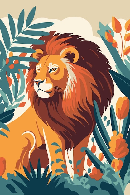 Lion wild animal on leaf background flat color vector illustration poster