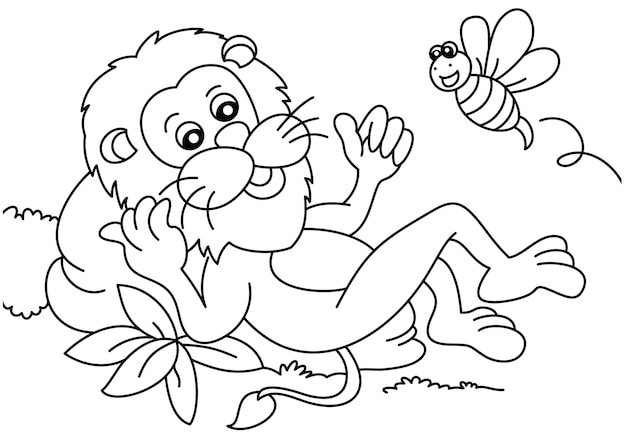Leone con ape carina pagina da colorare per bambini vettore