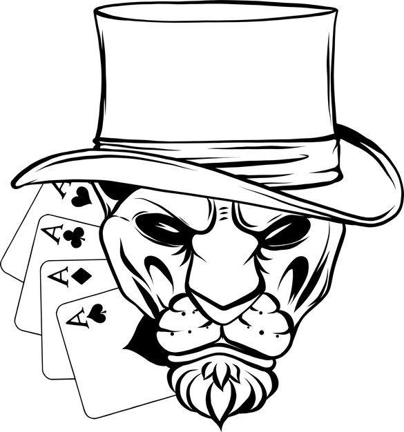 Vettore leone con cappello cilindrico e carte da poker