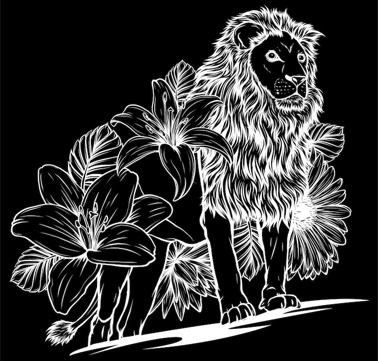 Vector lion with flower illustration design on black background