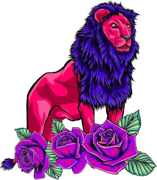 Лев с цветами векторная цветная иллюстрация на белом фоне