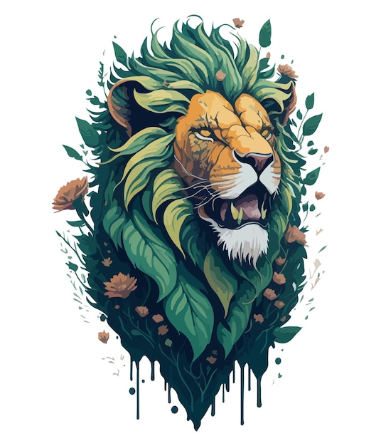 A lion with green mane and green leaves on it