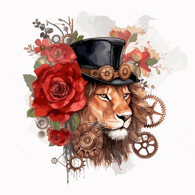 A lion with a hat and a flower on it