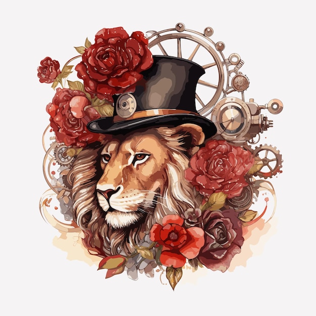 A lion with a hat and flowers and a clock.