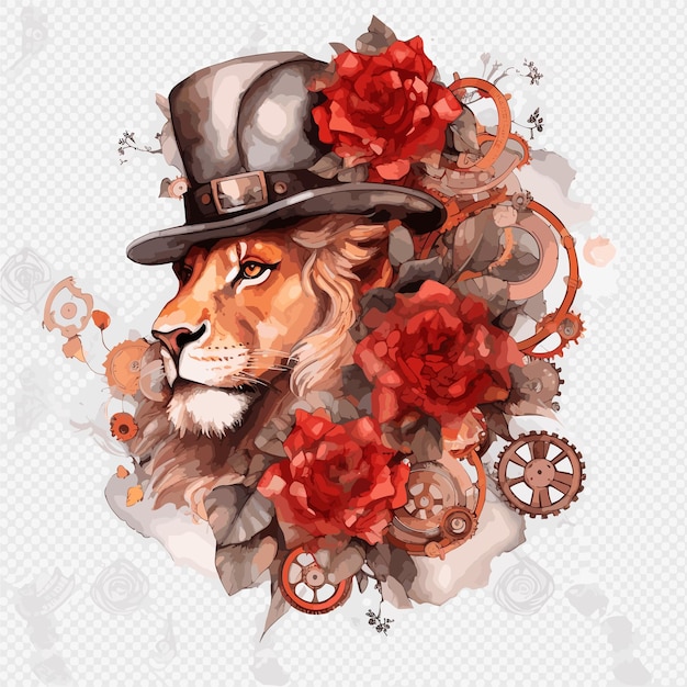 A lion with a hat and flowers on it