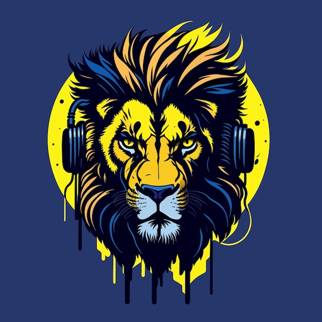 Lion with headphones flat vector illustration color