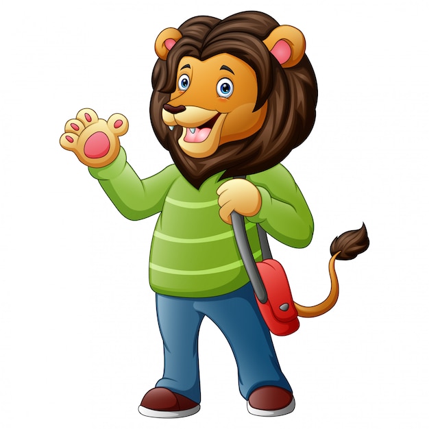 Lion with a human body in a clothes and bag