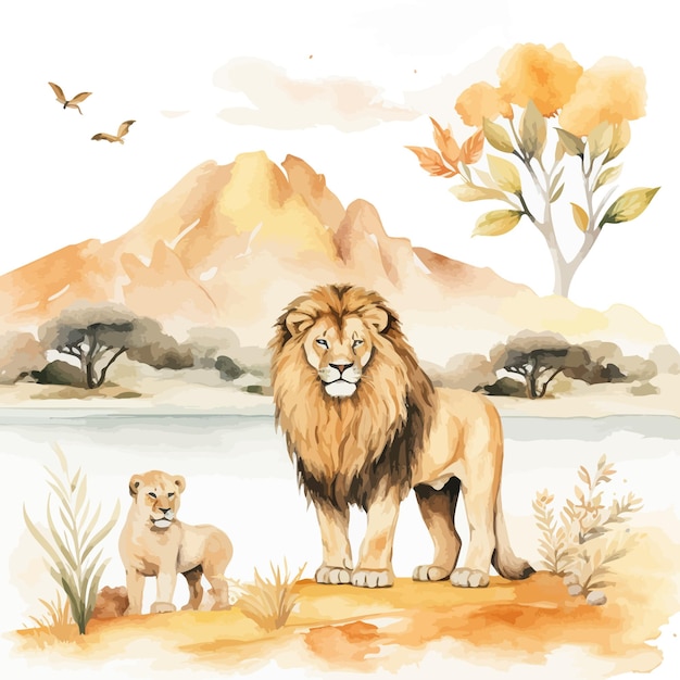 Vector lion with lion cub safari watercolor vector illustration design