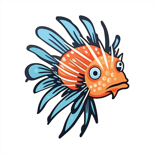 Vettore lionfish carino divertente cartone animato kawaii clipart colorato acquerello mare animale adesivo illustrazione