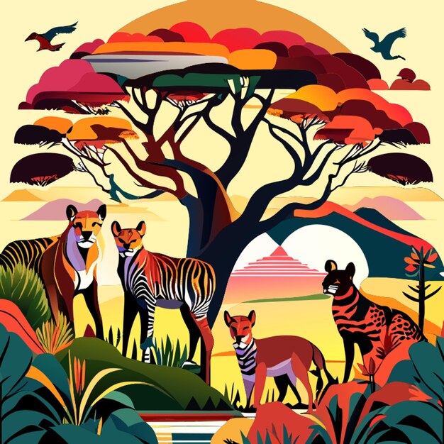 Vector lions live with trees on the right and left with mountains around birds zebra fox pig squirrel deer