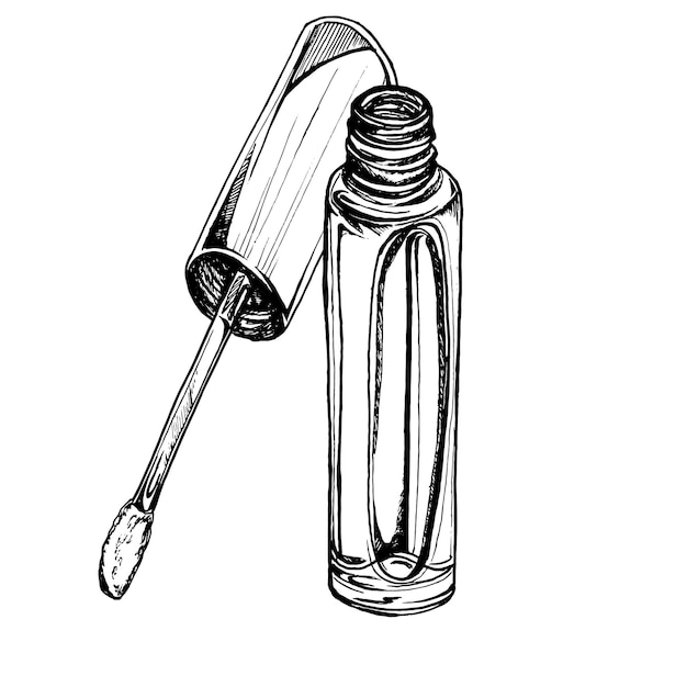 Lip gloss bottle with brush black and white graphics hand drawn vector