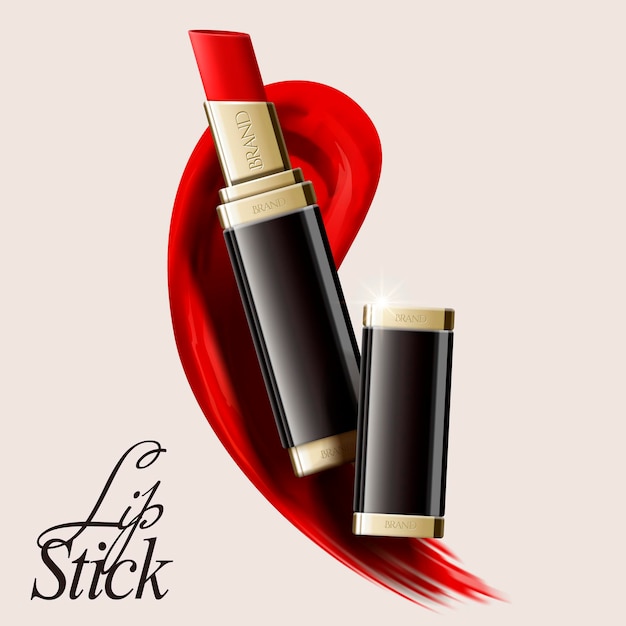 Vector lip stick mockup cosmetic template in 3d illustration with smear red texture