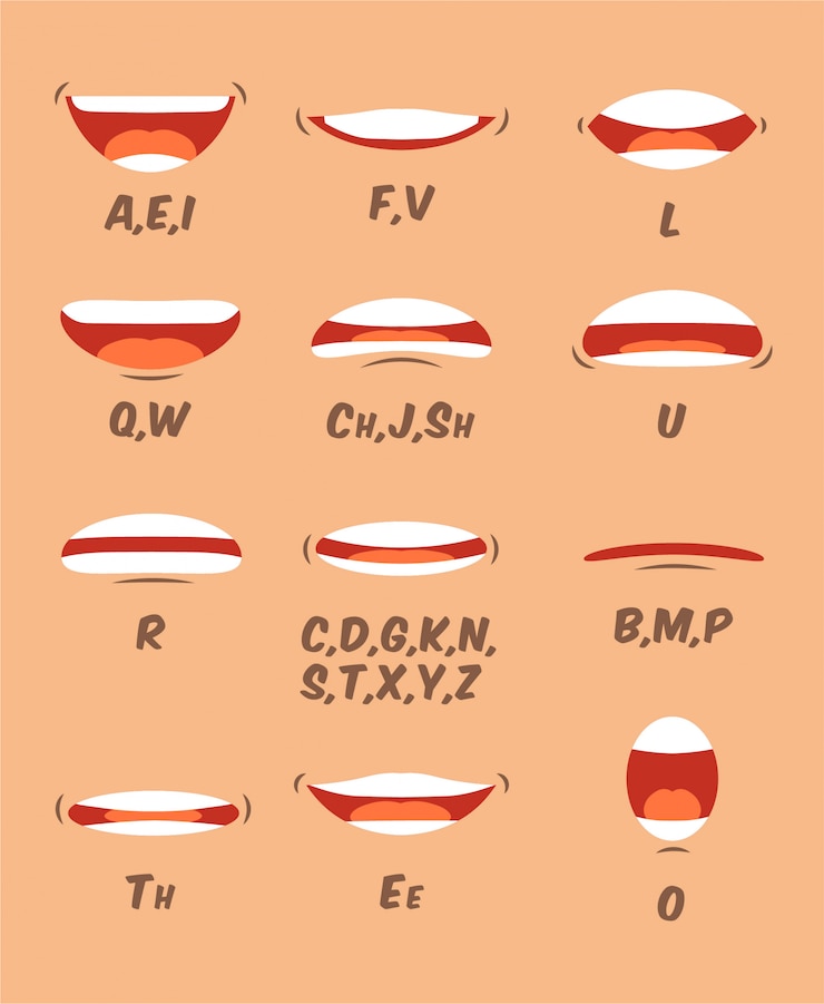 Vector lip and tongue sync set for animation and sound pronunciation. human mouth cartoon collection in a flat cartoon style. character face elements.