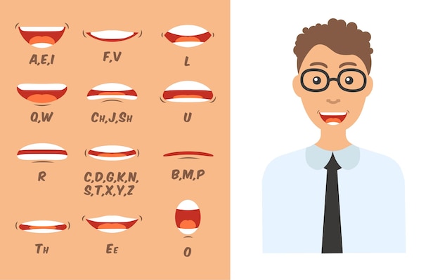 Vector lip and tongue sync set for animation and sound pronunciation. human mouth cartoon collection