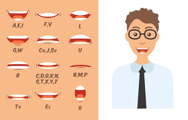 Sincronizzazione di labbra e lingua impostata per animazione e pronuncia del suono. collezione di cartoni animati di bocca umana
