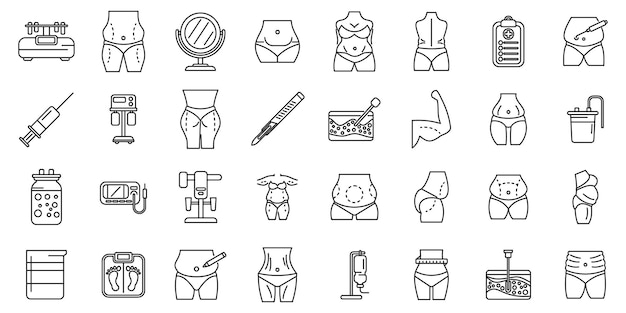 Liposuction icons set outline vector waist women