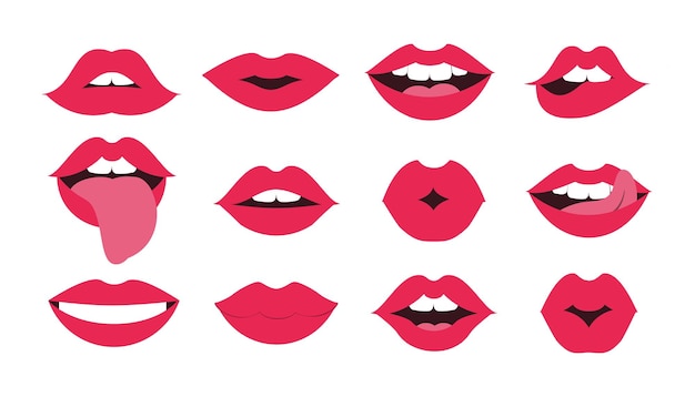 Lippen kus set sexy mond glimlach vrouwelijke rode cartoon glimlach lippenstift glamour vector vorm