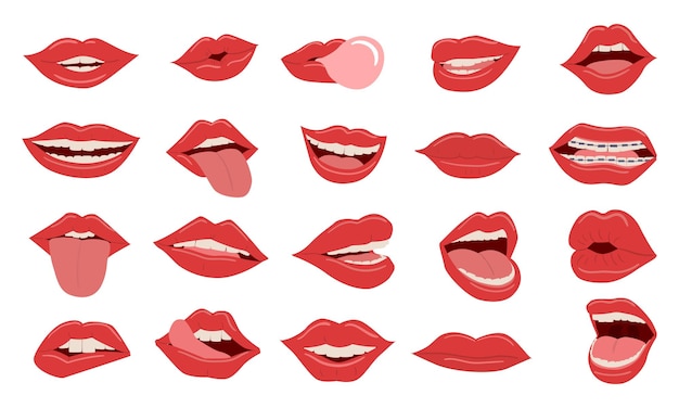 Lippen realistische vrouw nauwe glimlach en open mond met tanden en tong uit reclame voor cosmetische en make-up tandheelkundige kliniek en textiel print sjabloon vector gezichtsuitdrukking set