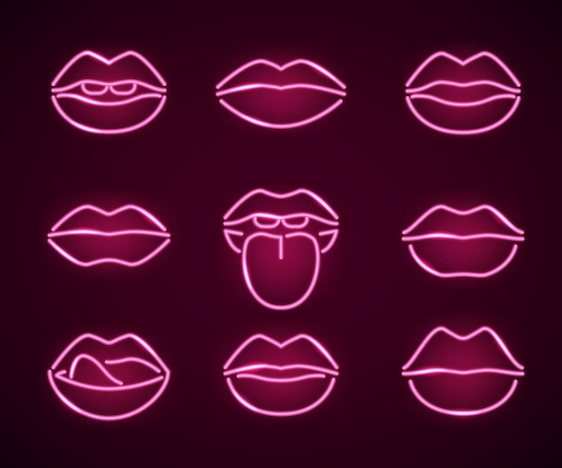 Lips neon signs thin line icon set include di lip kiss e bocca illustrazione vettoriale delle icone