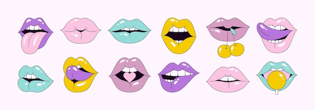 Губы, установленные в стиле поп-арта, векторные иллюстрации женских ртов в разных эмоциях для журнала наклеек