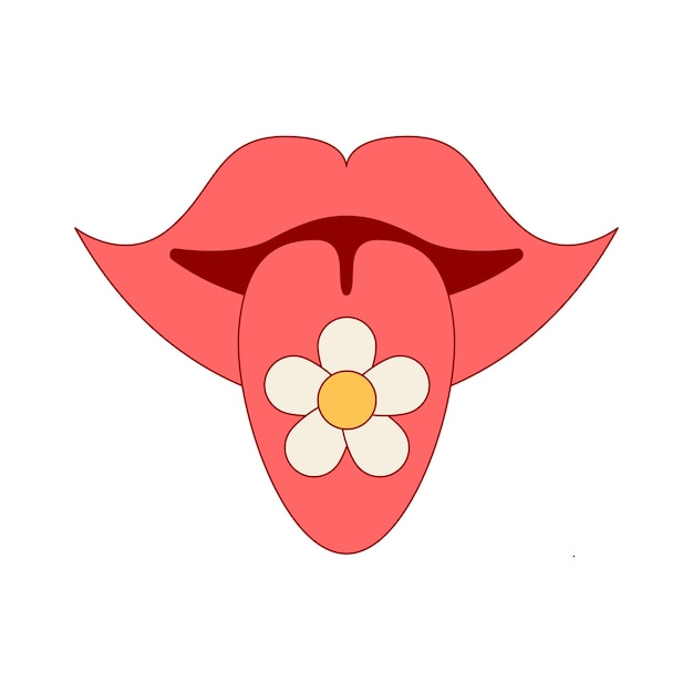 Lips and tongue sticking out of the mouth and daisy Groovy vector illustration in retro pop art an