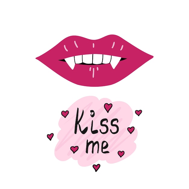 Vector lips with fangs kiss me lettering hand drawn illustration