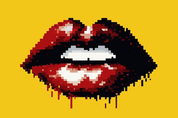 Lips with red lipstick in pixel art style