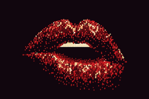 Vector lips with red lipstick in pixel art style