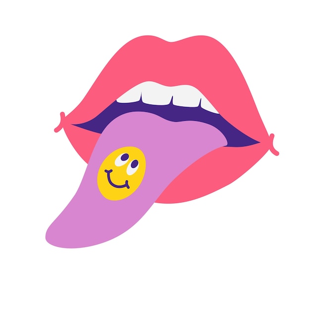 Vector lips with tongue drug on the tongue tablet on the tongue in the form of a smiley tongue sticking out of mouth female lips with tongue vector cartoon illustration isolated on the white background