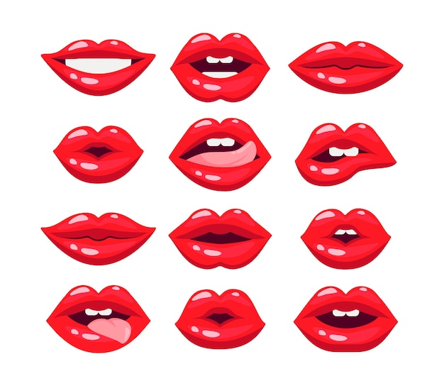 Lips of women with red lipstick vector illustrations set. collection of cartoon drawings of closed and open comic female mouths, lip gloss, girl sending kiss, biting lip. love, desire, glamour concept