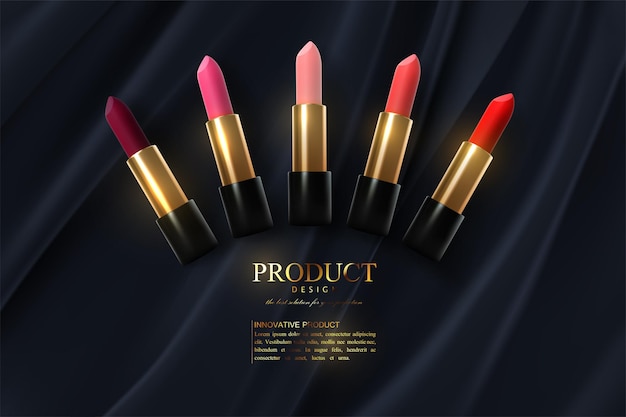 Vector lipstick cosmetic products on fabric background