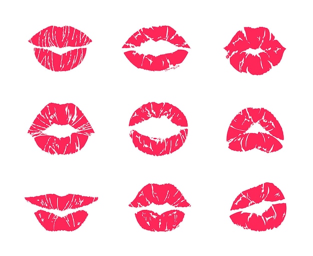 Lipstick kiss. female mouth makeup, woman lips red grunge print isolated on white, set of affair symbols