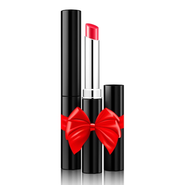 Lipstick with a red ribbon and bow isolated on white background 3D realistic mockup Present Gift Surprise concept Cosmetics vector template Use for advertising flyer banner package design