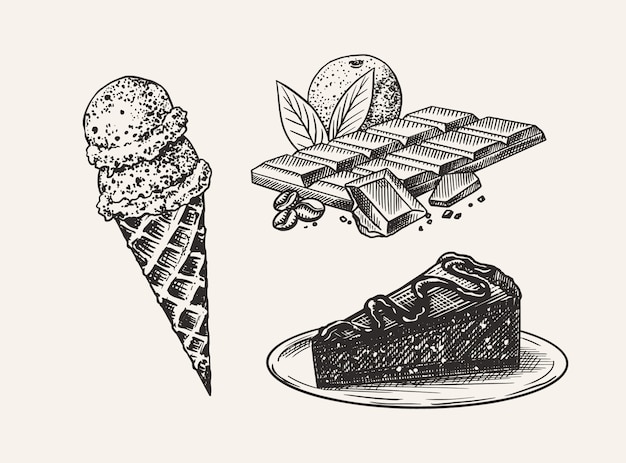 Dessert al liquore. gelato e torta e barretta di cioccolato. schizzo vintage disegnato a mano inciso. stile xilografia. illustrazione per menu o poster.