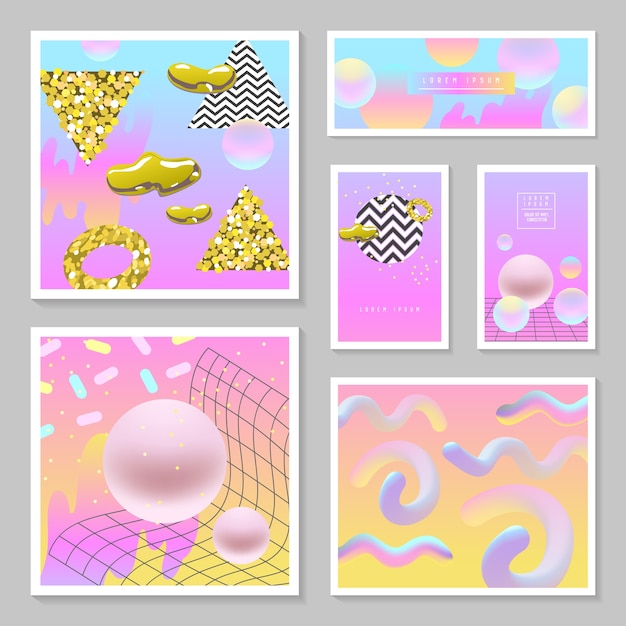 Liquid Abstract Templates Set. Fluid Colors with Golden Glitter Geometric Elements.