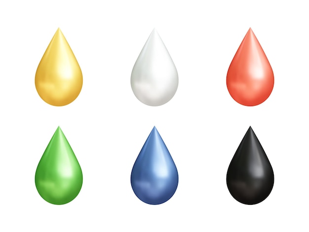 Illustrazione dell'icona vettoriale 3d realistica della goccia di liquido con colori diversi