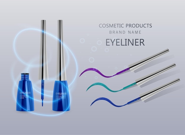 Eyeliner liquido, set di colore blu, mockup del prodotto eyeliner per uso cosmetico nell'illustrazione 3d, isolato su sfondo chiaro. illustrazione vettoriale eps 10